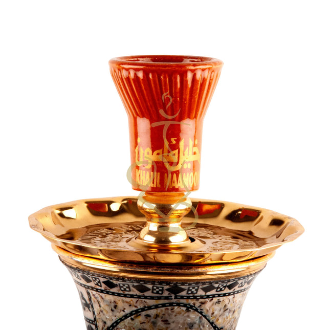 Close-up of the orange bowl on the Khalil Mamoon Gold Ball Sadaf Hookah