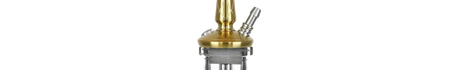 Full view of the Hoob Go On Gold Hookah with stainless steel stem and glass base