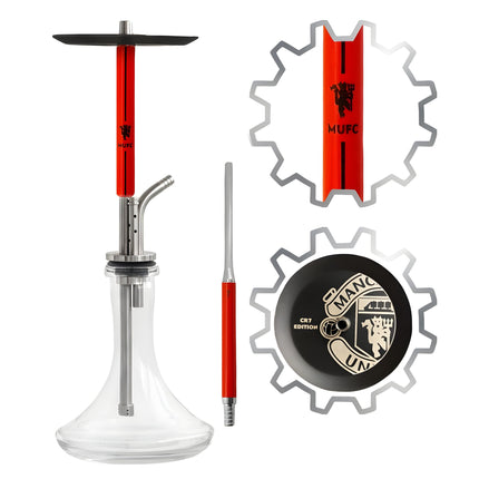 Full view of Mexanika MUFC Hookah with glass base and red stainless steel shaft