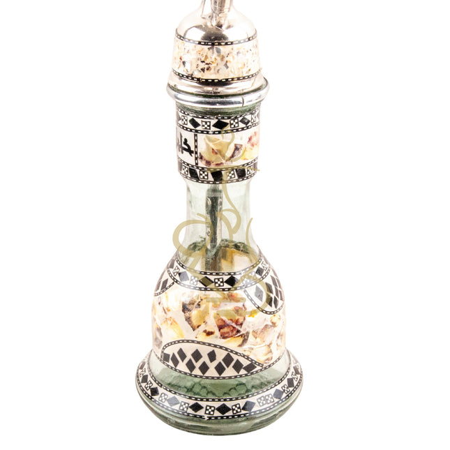 Close-up of the hand-painted glass base of the Khalil Mamoon OMDA SADAF Ice Hookah