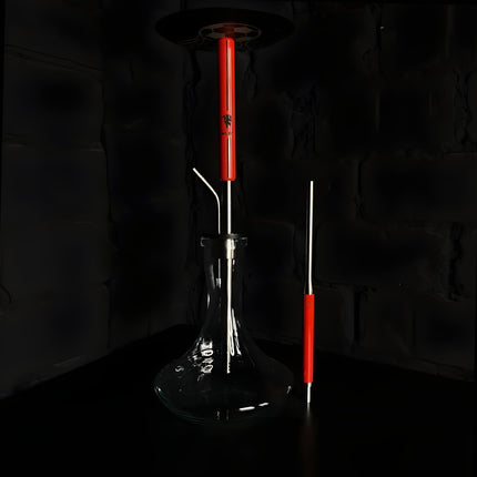 Mexanika MUFC Hookah with red shaft, stainless steel mouthpiece, and glass base