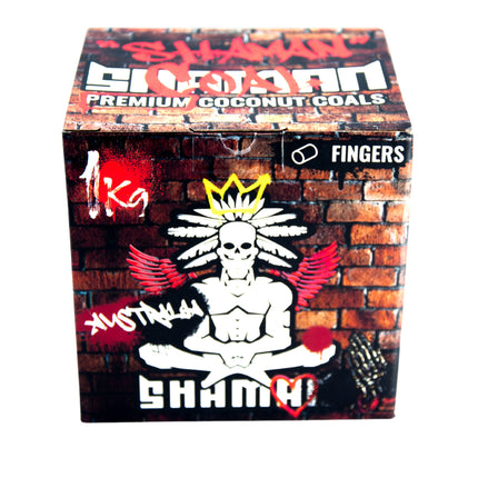 Close-up of Rockstar Shaman Fingers Coconut Charcoal graphic with bold 1kg label