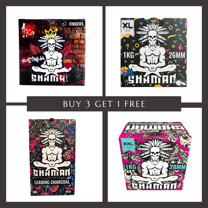 Buy 3 Get 1 Free Shaman Charcoal Bundle – 4kg mixed hookah coals, including 1kg of 26mm cubes, 1kg of 28mm cubes, 1kg of Hexa-shaped coals, and 1kg of Shaman cylinder coals. Premium, eco-friendly charcoal made from natural coconut shells, perfect for long-lasting hookah sessions.