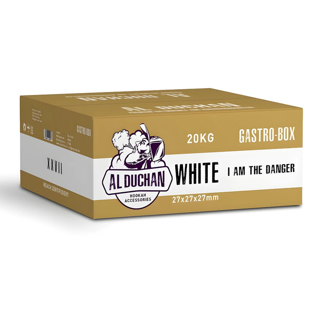 Al Duchan White 27mm Shisha Charcoal Giant Pack - 20kg pack, made from premium coconut shells, suitable for all hookahs.