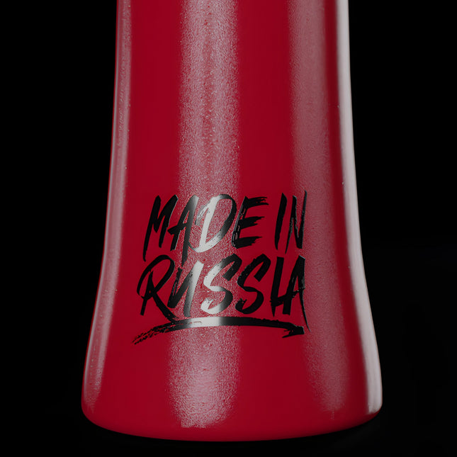 Close-up of the "Made in Russia" engraving on the Cosmo Mixology Phunnel Bowl in vibrant red