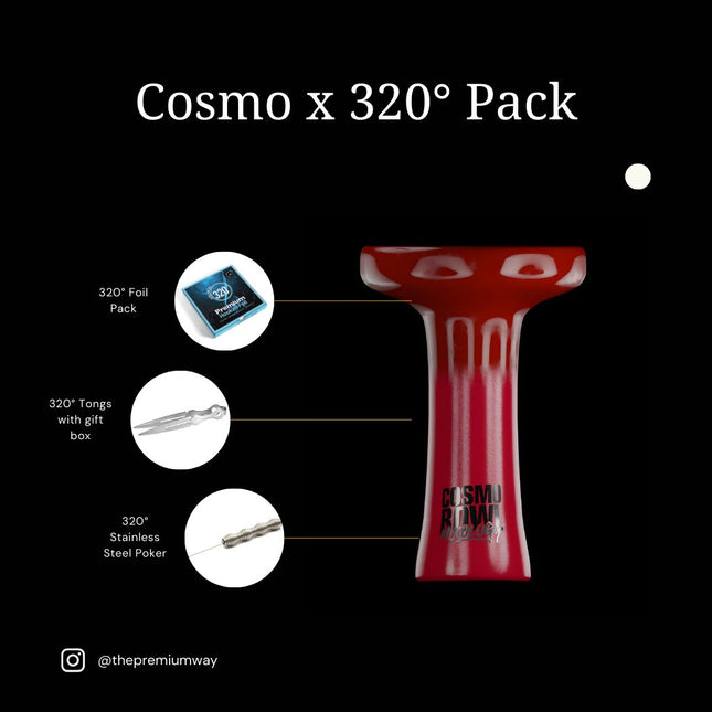 Cosmo Mixology x 320° Premium Set featuring a red Cosmo Mixology Phunnel Bowl, 320° Foil Pack, 320° Tongs with gift box, and 320° Stainless Steel Poker.