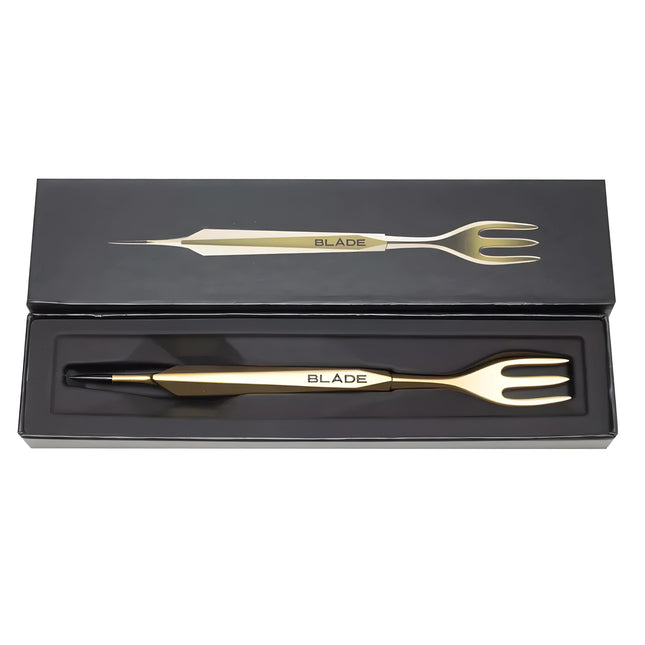 Open Box View of Blade Hookah's Gold Fork Blade in Elegant Packaging