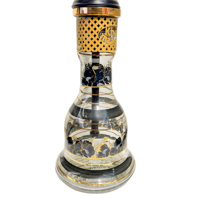 Close-up view of the Khalil Mamoon Black Shareef Hookah base, featuring intricate gold and black floral patterns.