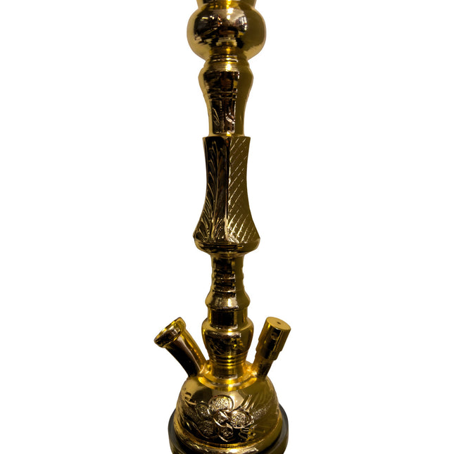 Detailed view of the neck and hose connection on the Khalil Mamoon Deluxe Gold Hookah, focusing on the gold-plated design.