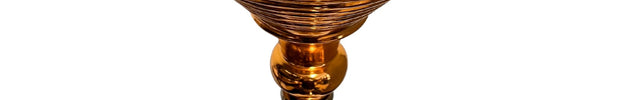 Top perspective of the hookah showcasing the bowl, tray, and upper stem with an emphasis on the engraved tray details.