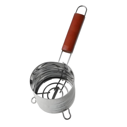 Stainless steel charcoal holder with wooden handle, top view showing interior structure