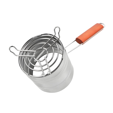 Stainless steel charcoal holder with wooden handle, bottom view showing grill structure