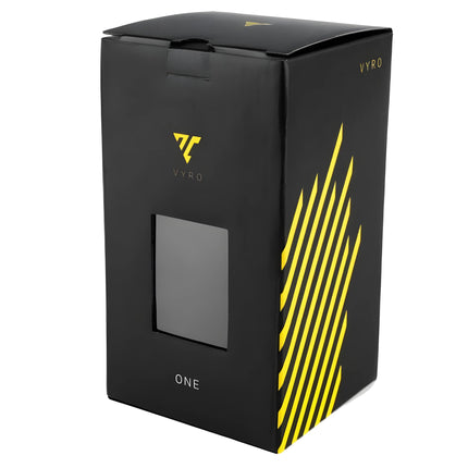 VYRO One V2 Forged Black shisha box packaging with yellow accents