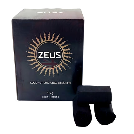 ZEUS Hexagonal Coconut Charcoal Briquettes 1kg pack, made from 100% natural coconut shells, long-lasting and low-ash shisha coals.







